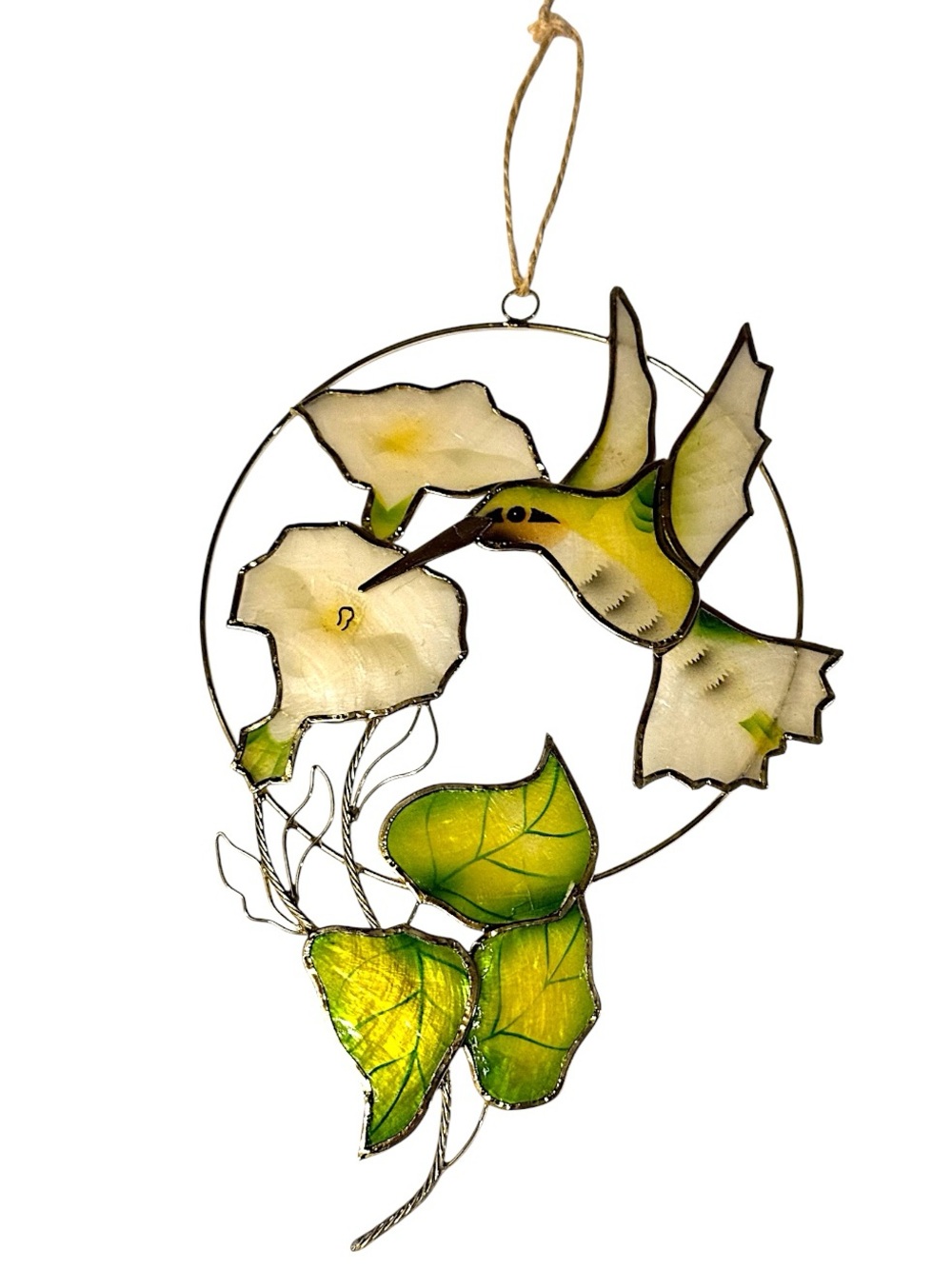 80’s Hummingbird & Morning Glory Capiz Shell & Gold Wire Large Suncatcher